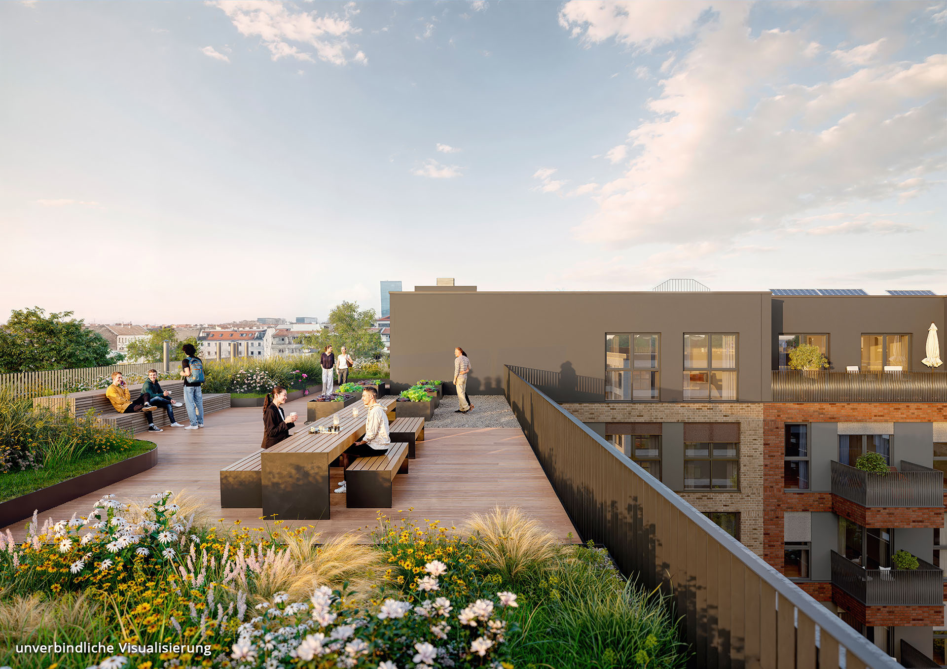 Visualisierung des BUWOG-Neubauprojekts Set44 in Berlin mit Blick auf die Dachterrasse