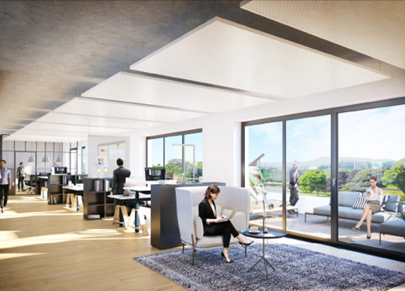 You can see a visualisation of a room on the ground floor of the Rosenstein Mitte quarter with people at desks and people on the terrace.