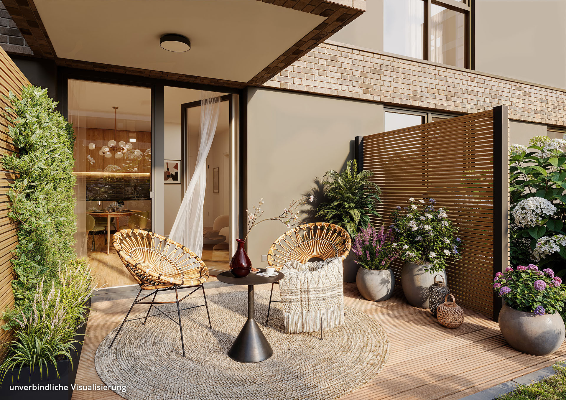 Visualisierung des BUWOG-Neubauprojekts Set44 in Berlin mit Blick auf den privaten Balkon im Erdgeschoss