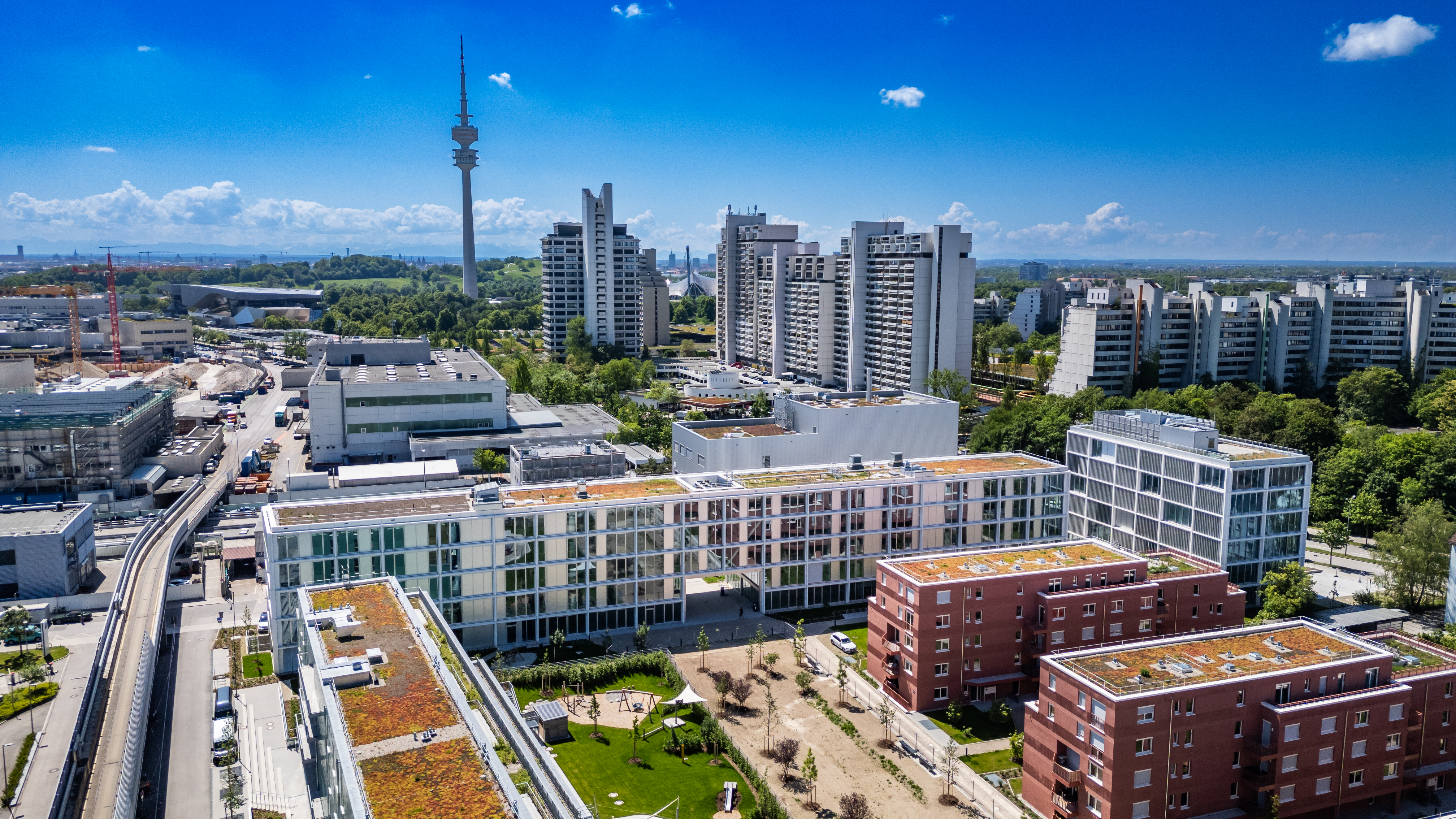 Ansicht des Neubauprojekts Hofmark am Olympiapark in München aus der Vogelperspektive