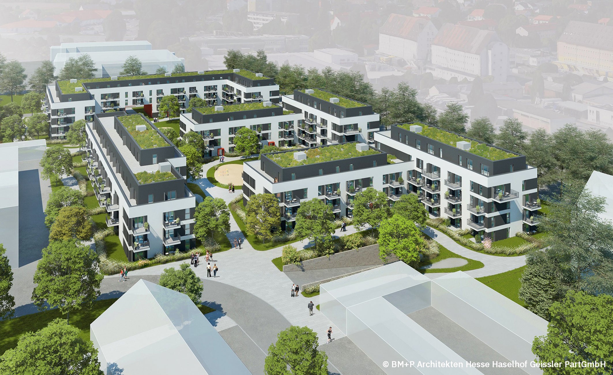 The future Glockengut quarter can be seen, consisting of 6 houses, green spaces and a playground in the Innonhof courtyard