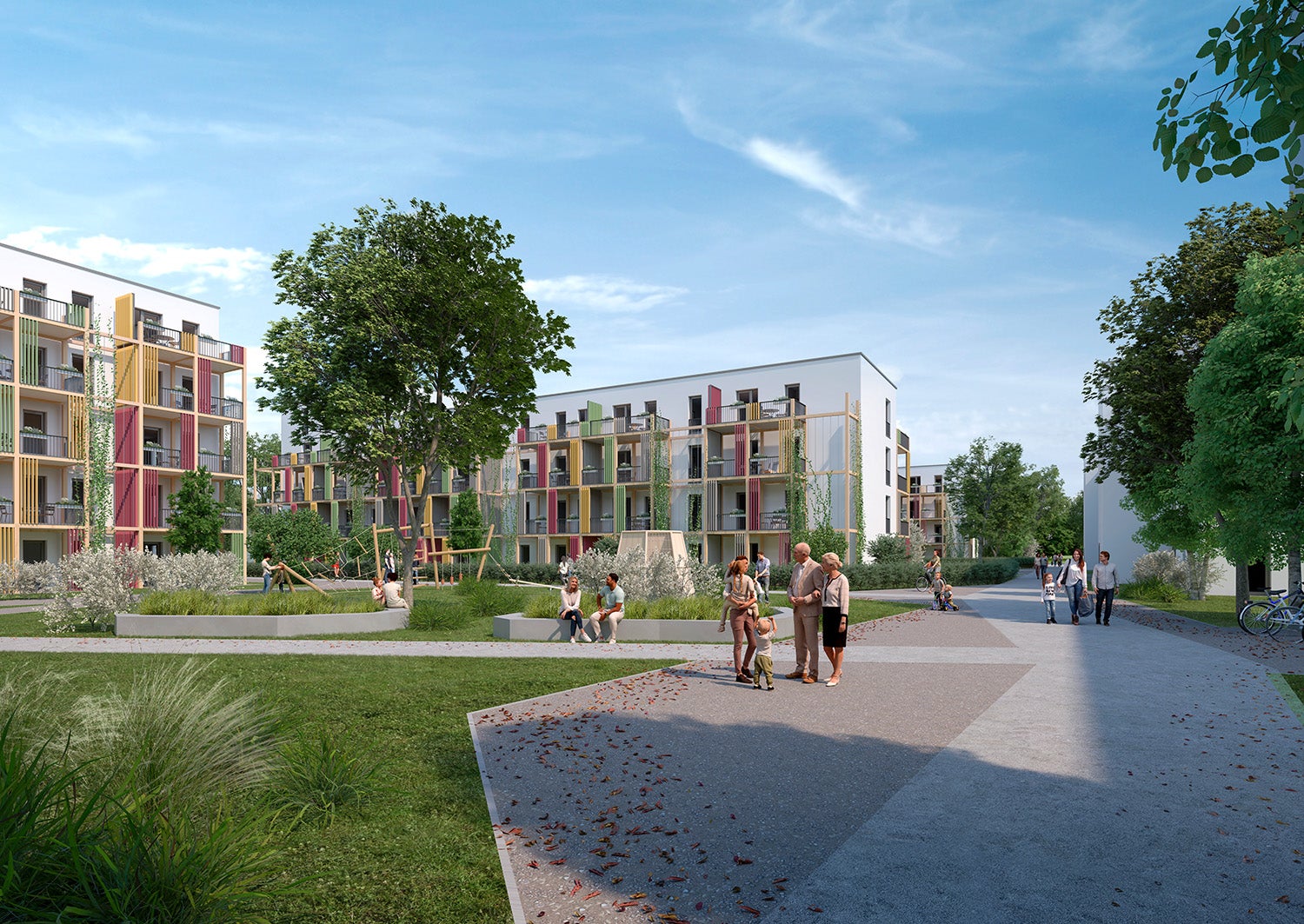Visualisierung des Neubauprojekts BUWOG Glockengut mit Blick in den begrünten Innenhof