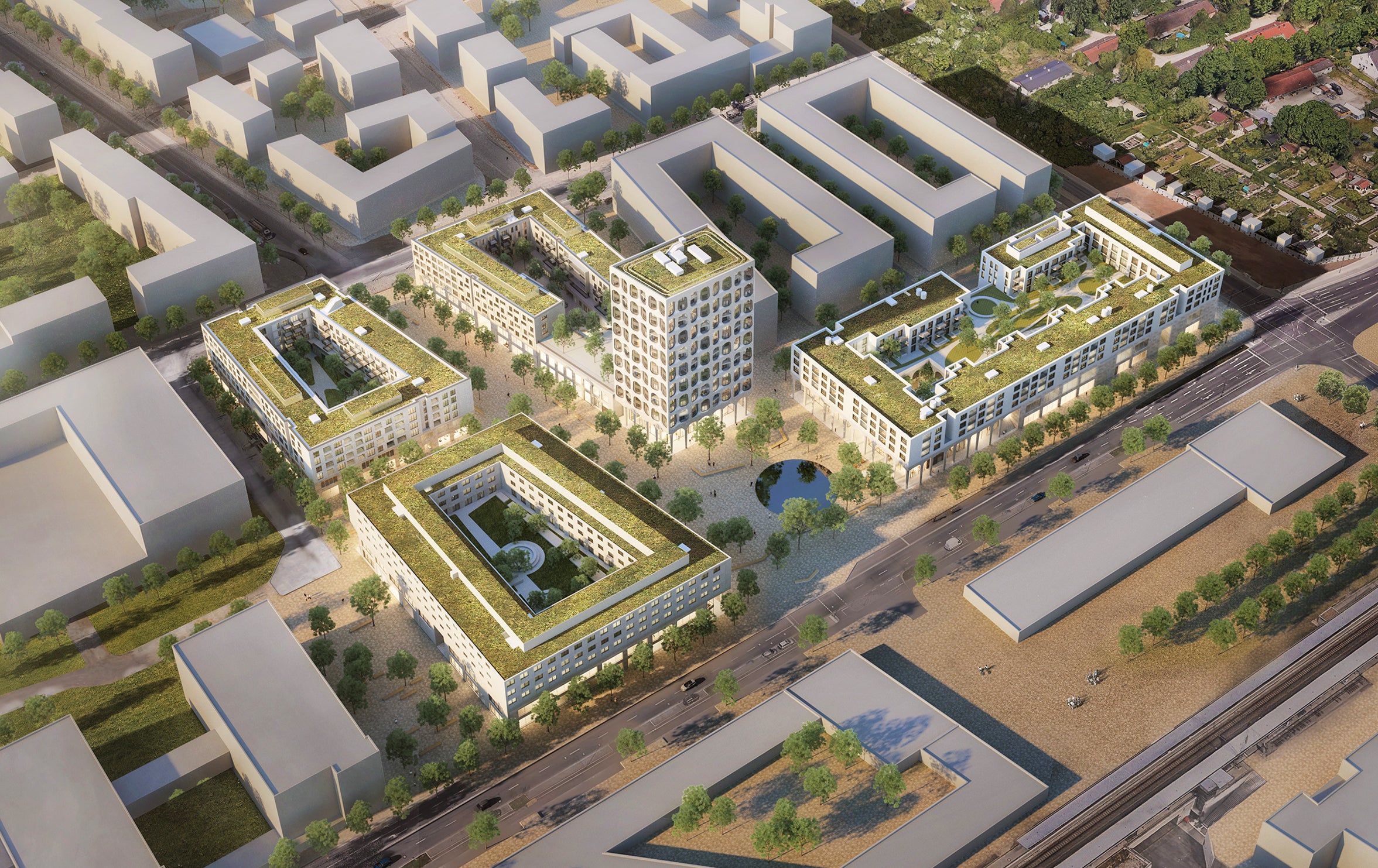 Zu sehen in dem Luftbild ist das komplette Quartier ZAM FREIHAM, wie es fertig aussehen wird und soll. Es besteht aus 4 großen Gebäuden.