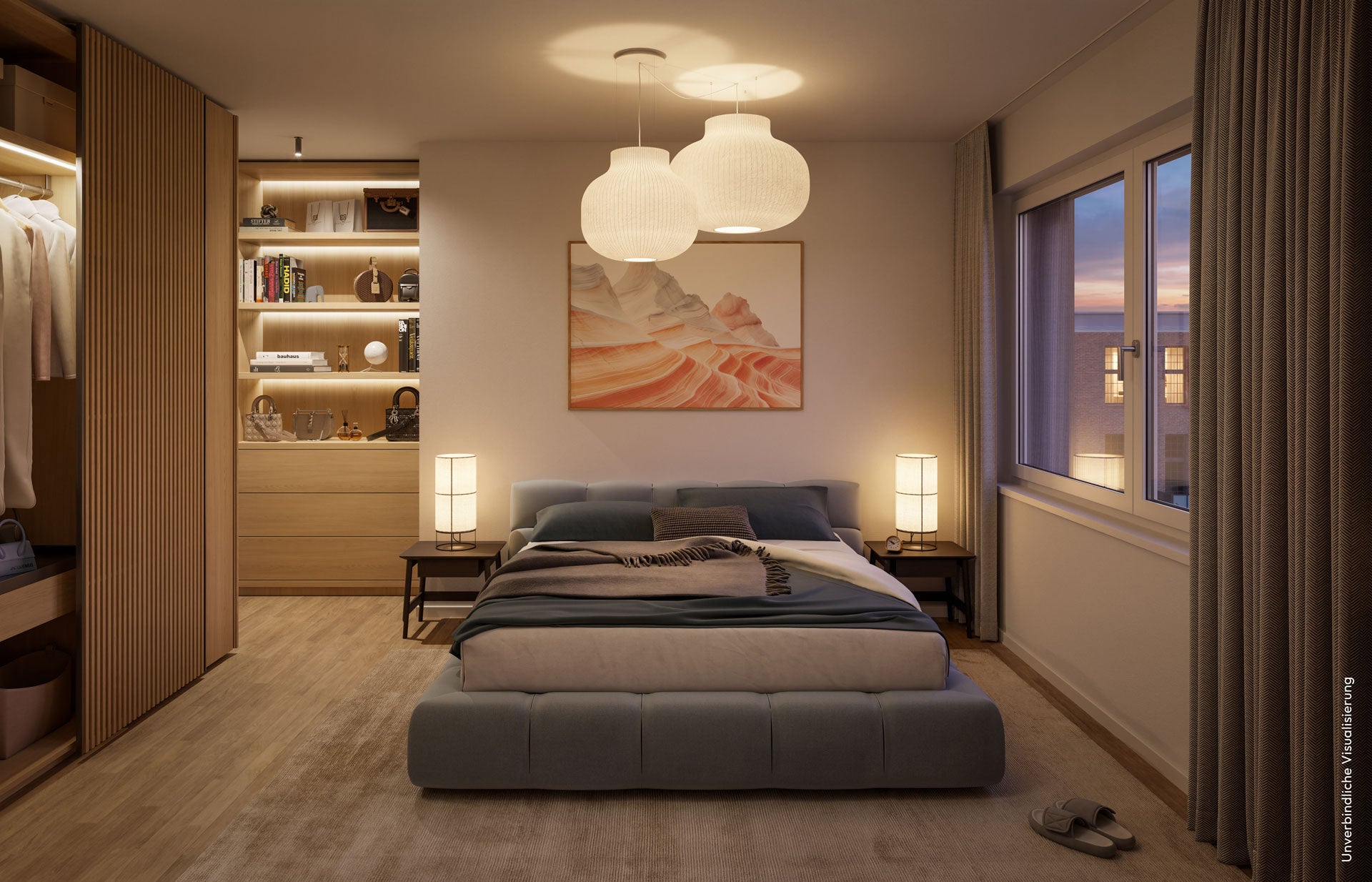Visualisierung des Neubauprojekts BUWOG ARBOR in Berlin-Köpenick mit Blick in ein Schlafzimmer
