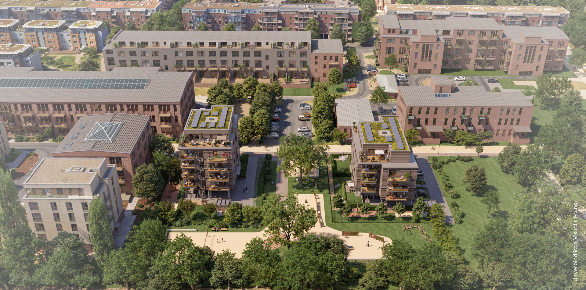 Visualisierung des Neubauprojekts BUWOG ARBOR in Berlin-Köpenick aus der Vogelperspektive