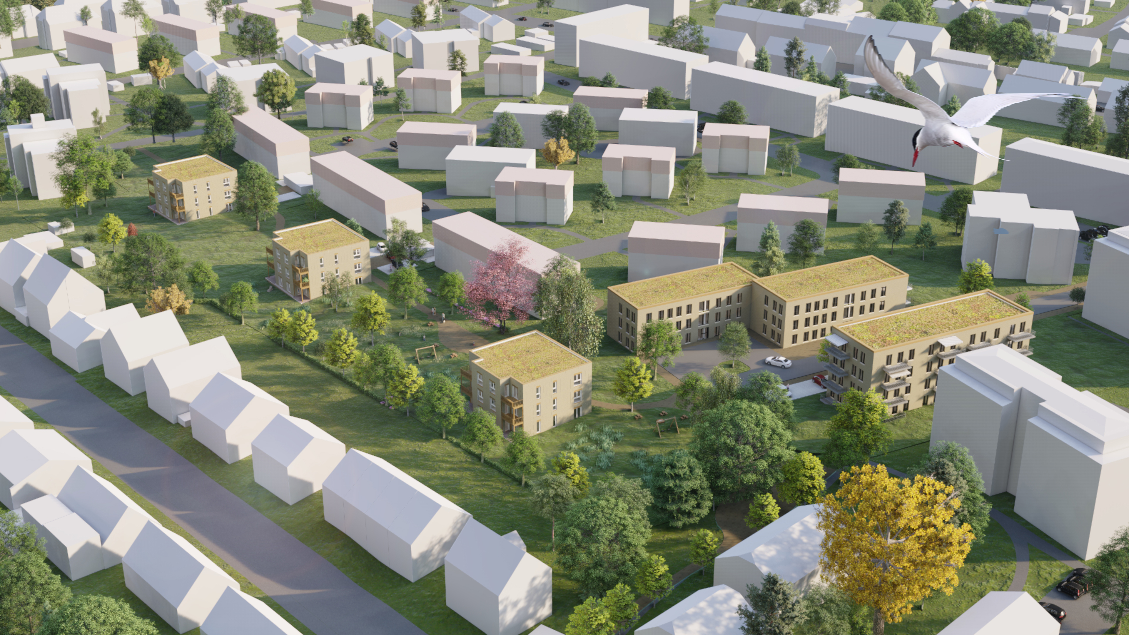 Visualization of the Bärendorfer-Bögen project in Bochum from a bird's eye view of the buildings and the surrounding area.